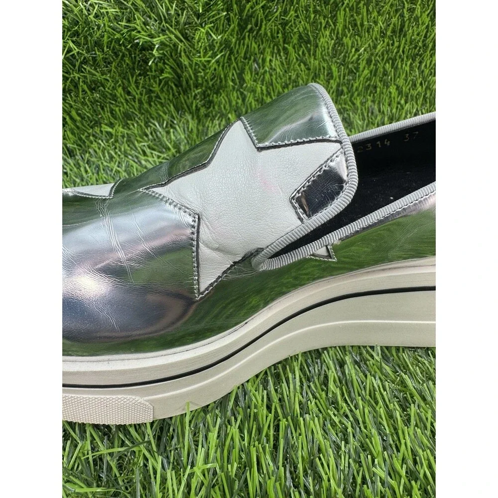 STELLA MCCARTNEY Silver Metallic Faux Leather Binx Star Platform Slip On Shoes 7